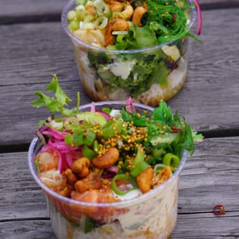 Poke Bowl Oslo - On the top, spicy Halibut with everything. On the bottom, spicy Salmon with everything. Both Delicious! - Fast Food Near Me - Oslo, 03 Poke Bowl Oslo - On the top, spicy Halibut with everything. On the bottom, spicy Salmon with everything. Both Delicious! - Fast Food Near Me - Oslo, 03