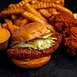 Main Chick Hot Chicken - Chicken Sandwich, Chicken Tender, Seasoned Crinkle Cut Fries, Pickles, MC Sauce