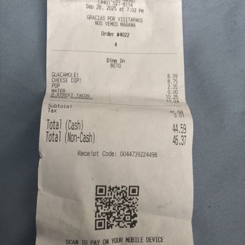 Cocos Locos - Mentor - Receipt of our Dinner last night. - Mexican Near Me - Mentor, Ohio
