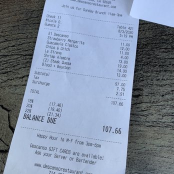 Descanso - 3% surcharge? I would rather that 3% just be added to the individual dishes and absorbed into the overall bill - Mexican Near Me - Costa Mesa, California Descanso - 3% surcharge? I would rather that 3% just be added to the individual dishes and absorbed into the overall bill - Mexican Near Me - Costa Mesa, California