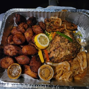 Nailah's kitchen - Grilled salmon with plantains - soooo much food! - Senegalese Near Me - Baltimore, Maryland