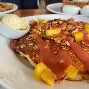 Shorehouse Kitchen - Mango Pancakes with Housemade Granola & Guava Syrup - Coffee & Tea Near Me - La Jolla, California
