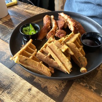 Kaldi's Social House - Chicken and waffles, sweet corn waffle specifically, with added Jalapeno - Coffee & Tea Near Me - Silver Spring, Maryland Kaldi's Social House - Chicken and waffles, sweet corn waffle specifically, with added Jalapeno - Coffee & Tea Near Me - Silver Spring, Maryland