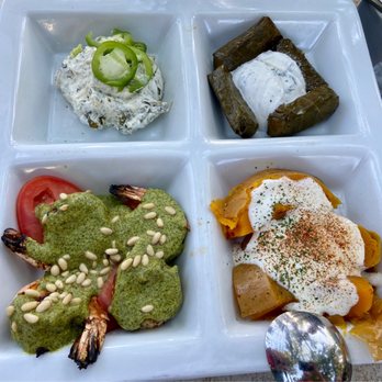 Oasis Restaurant  - Sampler Mezze Platter: Goat cheese spinach dip, Greek Dolmathes, Basil Shrimp, Pumpkin Borani - Afghan Near Me - Pleasanton, California