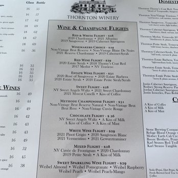Thornton Winery - Wine flight menu - Wineries Near Me - Temecula, California