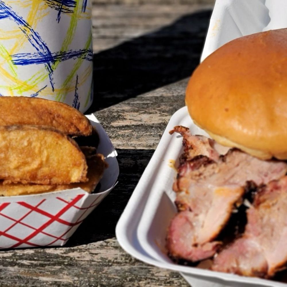 Rib meat sandwich sweet tea and fries Rib meat sandwich sweet tea and fries