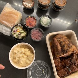 Mighty Quinn's Barbeque - 2 Meat Sampler (Burnt Ends & chicken), Mac & Cheese, coleslaw, Cornbread, Extra Sauce (gave me 5 cups)