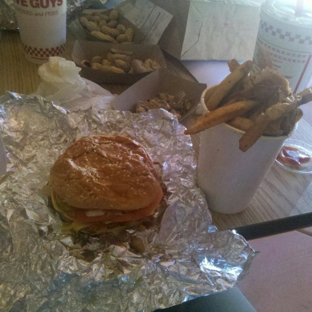 Five Guys - 5 Guys bacon cheese burger with cajun fries and a drink! - Burgers Near Me - Rancho Cucamonga, California Five Guys - 5 Guys bacon cheese burger with cajun fries and a drink! - Burgers Near Me - Rancho Cucamonga, California