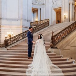 Sheryl Giles Bridal Couture - Sheryl Giles dress, glitter cape, and draped veil at San Francisco City Hall