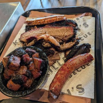 Killen's Barbecue - The meats! 2 lbs of brisket, 1.5 lbs of burnt ends, and a whole sausage link. This fed 5, with some small leftovers. - Barbeque Near Me - Pearland, Texas Killen's Barbecue - The meats! 2 lbs of brisket, 1.5 lbs of burnt ends, and a whole sausage link. This fed 5, with some small leftovers. - Barbeque Near Me - Pearland, Texas