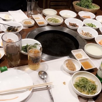 Hahm Ji Bach - Korean bbq with side dishes soju and beer (meat came later) - Korean Near Me - Flushing, New York