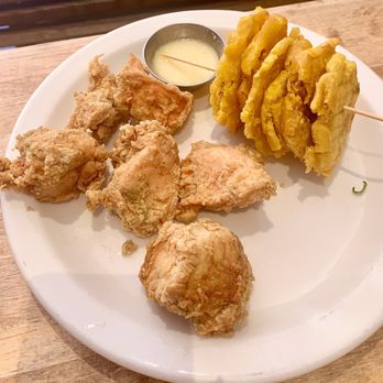 La Fonda - Fried Chicken Cracklings with Mojito Sauce & Plantains - Latin American Near Me - New York, New York La Fonda - Fried Chicken Cracklings with Mojito Sauce & Plantains - Latin American Near Me - New York, New York