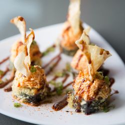 SushiFork - Hot Mess Roll - Large Tempura Shrimp Deep Fried Roll with Krab Stick, Cream Cheese & Avocado, topped with Hot Mess Mix, Fried Wonton, etc.