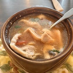 Sunshine Thai - Tom Yum... It's the lemongrass soup. Strongly advise getting this. It is an awesome soup.