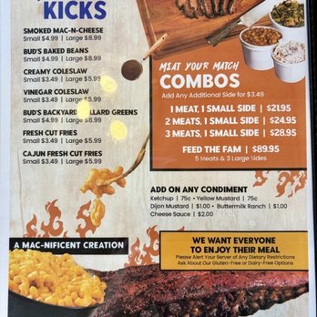 Buds Smokehouse BBQ - Menu of sides and combos in September 2026 - Barbeque Near Me - Trafford, Pennsylvania