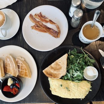 Cafe Patachou - Waffle, bacon, coffee and a California Dreamer omelet with cinnamon toast - Breakfast & Brunch Near Me - Indianapolis, Indiana Cafe Patachou - Waffle, bacon, coffee and a California Dreamer omelet with cinnamon toast - Breakfast & Brunch Near Me - Indianapolis, Indiana