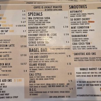 Outpost Coffee Kauai - Menu (located only by registers) - Coffee & Tea Near Me - Hanalei, Hawaii Outpost Coffee Kauai - Menu (located only by registers) - Coffee & Tea Near Me - Hanalei, Hawaii