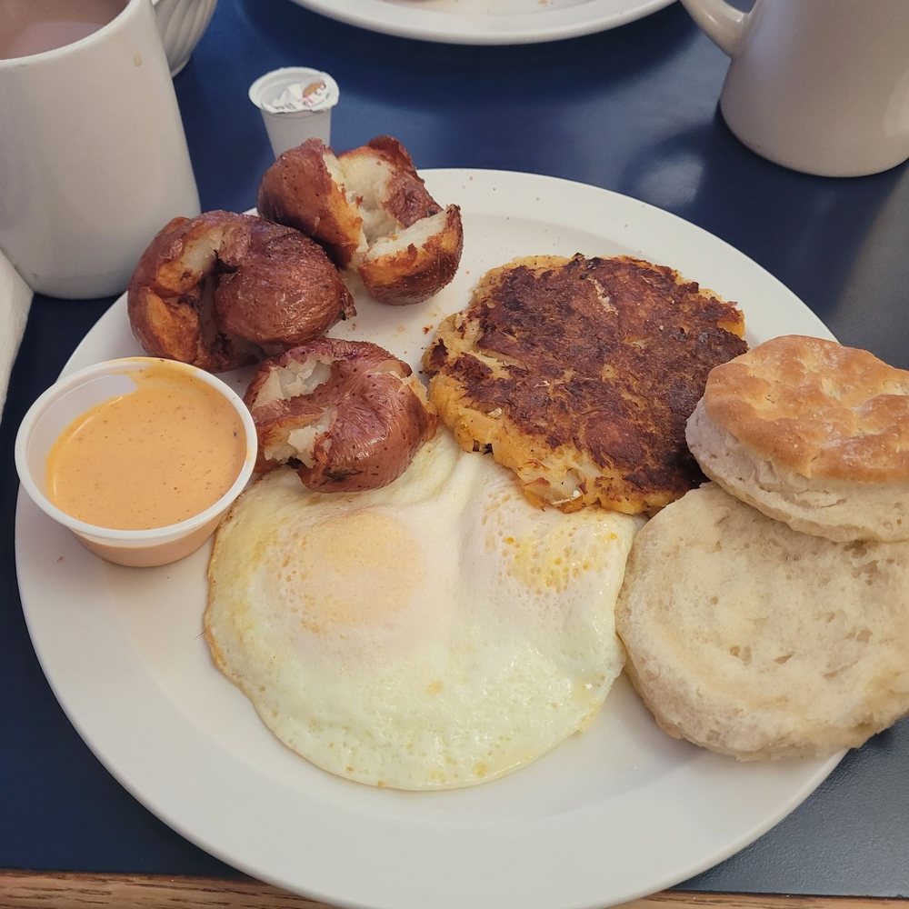 Biscuits - New Englander (two eggs, homefries, cod fish cake, and a biscuit) - Breakfast & Brunch Near Me - Oak Bluffs, Massachusetts