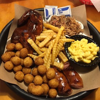 Little Richard's Barbeque - Pulled pork  1/2 chicken Fries Mac and cheese  And  Hush puppies   STUFFED !!!!!! - Barbeque Near Me - Mount Airy, North Carolina