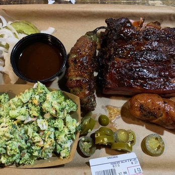 Hutchins BBQ - Ribs, sausage, bacon wrapped stuffed jalapeño, and broccoli salad - Barbeque Near Me - Frisco, Texas Hutchins BBQ - Ribs, sausage, bacon wrapped stuffed jalapeño, and broccoli salad - Barbeque Near Me - Frisco, Texas