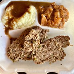 Tawanda’s Cafeteria - Meatloaf with mashed potatoes & gravy and sweet potatoes
