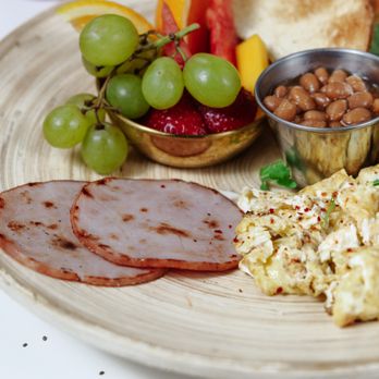 Juicepop & More - Scrambled Eggs, Canadian ham, fruit, and beans - Juice Bars & Smoothies Near Me - The Woodlands, Texas Juicepop & More - Scrambled Eggs, Canadian ham, fruit, and beans - Juice Bars & Smoothies Near Me - The Woodlands, Texas