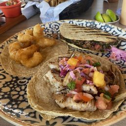 Fish taco, shrimp taco, marlin taco