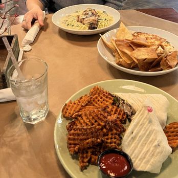 Mint - Pasta entree (top), spinach dip (middle), chicken caesar wrap with sweet potato fries (bottom) - Cocktail Bars Near Me - Sandusky, Michigan