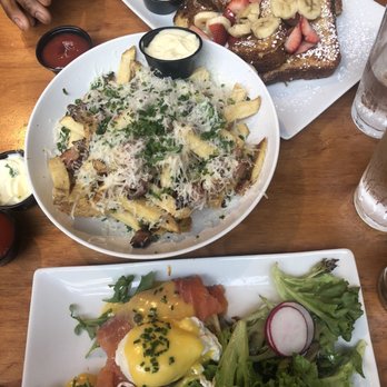 Dime Store - brioche french toast with the fresh fruit on top .  bacon parm & truffle fries. cold smoked salmon. - Breakfast & Brunch Near Me - Detroit, Michigan