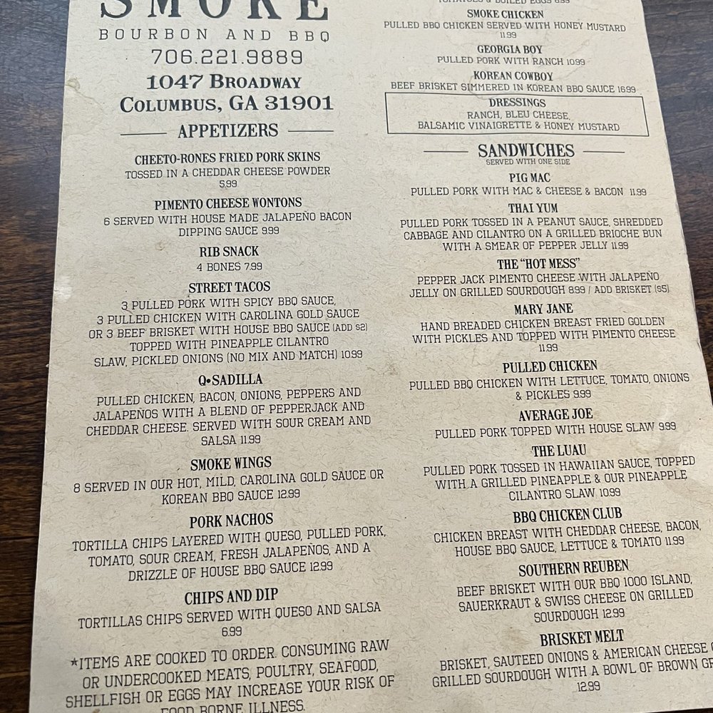 Smoke Bourbon and BBQ - Menu - Cocktail Bars Near Me - Columbus, Georgia Smoke Bourbon and BBQ - Menu - Cocktail Bars Near Me - Columbus, Georgia