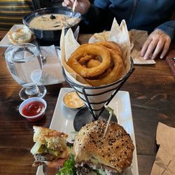 The Pony Restaurant - Gourmet burger with onion ring. and seafood chowder Great food will be back again!