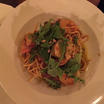 Brasserie Bernard - shrimp spaghetti with garlic flower, tomato, white wine, pancetta, pine nuts and arugula - French Near Me - Montreal, Quebec Brasserie Bernard - shrimp spaghetti with garlic flower, tomato, white wine, pancetta, pine nuts and arugula - French Near Me - Montreal, Quebec