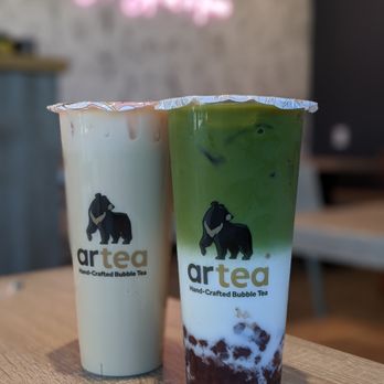Artea - Signature milk tea (left) and red bean matcha latte (right). Both Large - Bubble Tea Near Me - San Antonio, Texas Artea - Signature milk tea (left) and red bean matcha latte (right). Both Large - Bubble Tea Near Me - San Antonio, Texas