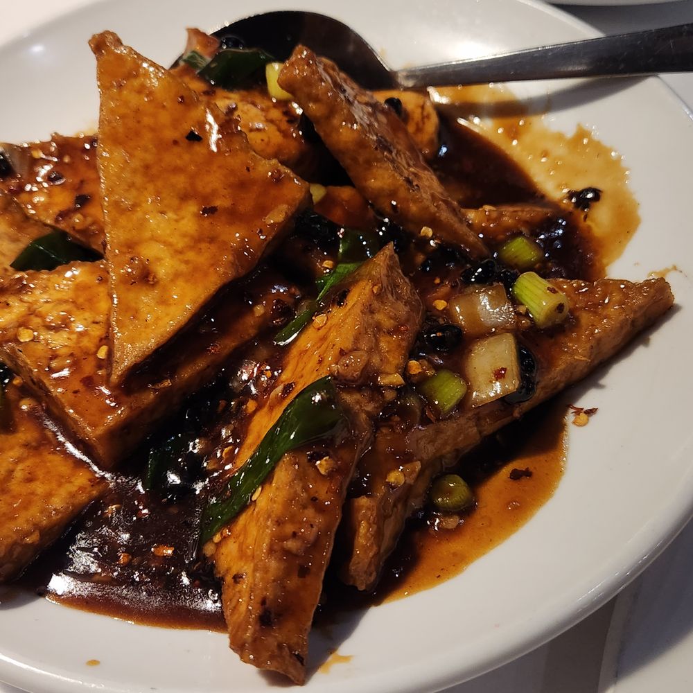 spicy pot of gold - fried tofu sauteed in black bean sauce