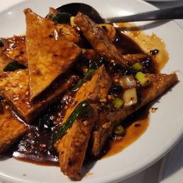 spicy pot of gold - fried tofu sauteed in black bean sauce