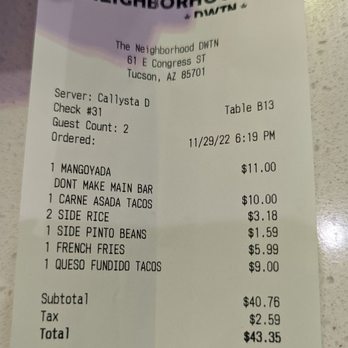 The Neighborhood Bar DWTN - My receipt - Cocktail Bars Near Me - Tucson, Arizona The Neighborhood Bar DWTN - My receipt - Cocktail Bars Near Me - Tucson, Arizona