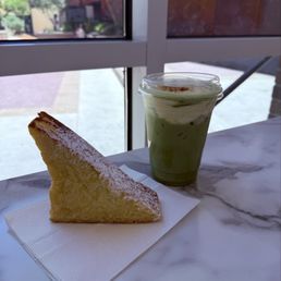 French Toast and Iced Matcha Beverage. French Toast and Iced Matcha Beverage.