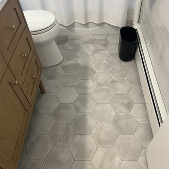 Old Country Ceramic Tile - Beautiful 8-inch gray hexagon tile on bathroom floor. - Tiling Near Me - Westbury, New York Old Country Ceramic Tile - Beautiful 8-inch gray hexagon tile on bathroom floor. - Tiling Near Me - Westbury, New York
