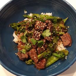 Beef teriyaki with local farm to table tenderloins, and fresh vegetables.
