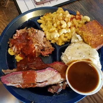 Dinosaur Bar-B-Que - Brisket and pulled pork platter with cornbread,  mac and cheese and mashed potatoes. - Barbeque Near Me - Syracuse, New York