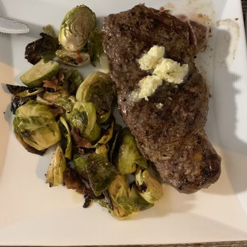 Hook & Vine - Kitchen and Bar - NY Strip and Brussels sprouts. - Seafood Near Me - North Beach, Maryland Hook & Vine - Kitchen and Bar - NY Strip and Brussels sprouts. - Seafood Near Me - North Beach, Maryland