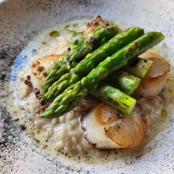 Pez Coastal Kitchen - Perfectly Seared and Juicy Sea Scallops, served over a rich and creamy Forest Mushroom & Truffle Risotto, topped with cut Asparagus Spears - Seafood Near Me - Pasadena, California Pez Coastal Kitchen - Perfectly Seared and Juicy Sea Scallops, served over a rich and creamy Forest Mushroom & Truffle Risotto, topped with cut Asparagus Spears - Seafood Near Me - Pasadena, California