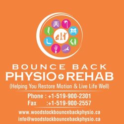 Bounce Back Physio Plus Rehab - Our Logo with Clinic adress, phone number and website.