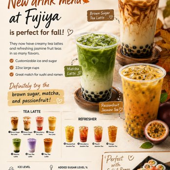 Fujiya Ramen and Sushi Bar - New drink menu at Fujiya is perfect for fall!
They now have creamy tea lattes and refreshing jasmine fruit teas in so many flavors. - Sushi Bars Near Me - Plano, Texas Fujiya Ramen and Sushi Bar - New drink menu at Fujiya is perfect for fall!
They now have creamy tea lattes and refreshing jasmine fruit teas in so many flavors. - Sushi Bars Near Me - Plano, Texas