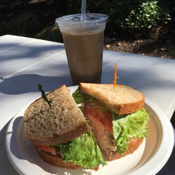 Chatham Cookware Cafe - 'Buoy' sandwich and iced coffee - garden seating - Bakeries Near Me - Chatham, Massachusetts