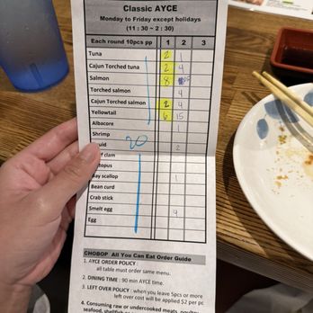 Chobop - classic ayce menu (not really ayce when you can only order 10pc/round max) - Sushi Bars Near Me - Costa Mesa, California