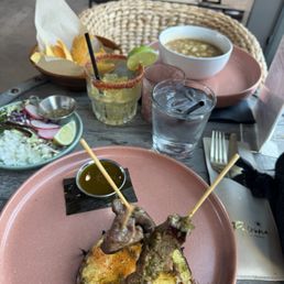 Rib eye skewers, chicken pozole