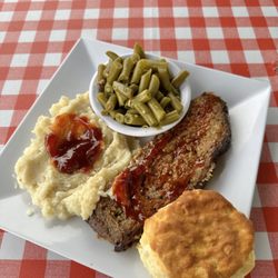 Chicken Coop Country Diner - Meat loaf, mashed potatoes, green beans, biscuit