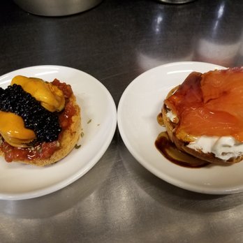 Quimet & Quimet - Mussels & Caviar (left), Salmon, Yoghurt & Truffled Honey (right) - Tapas Bars Near Me - Barcelona, B