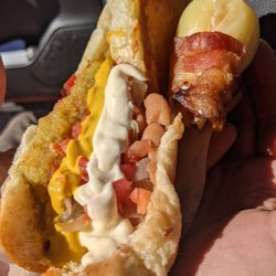 Veloz Sonoran Hot Dogs - Sonoran hot dog and cheese stuffed pepper wrapped in bacon